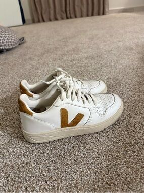 Veja White Leather Sneakers with Tan V-Detail - Women's Casual Trainers